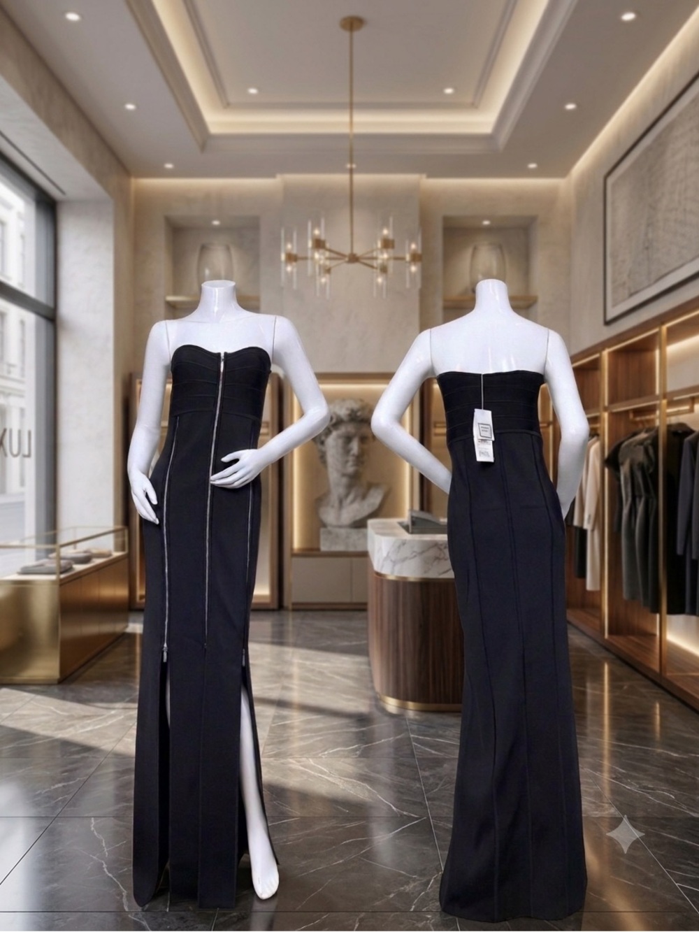 Herve Leger Paris Strapless Black Zip-Front Evening Gown Maxi Dress Size M NWT
